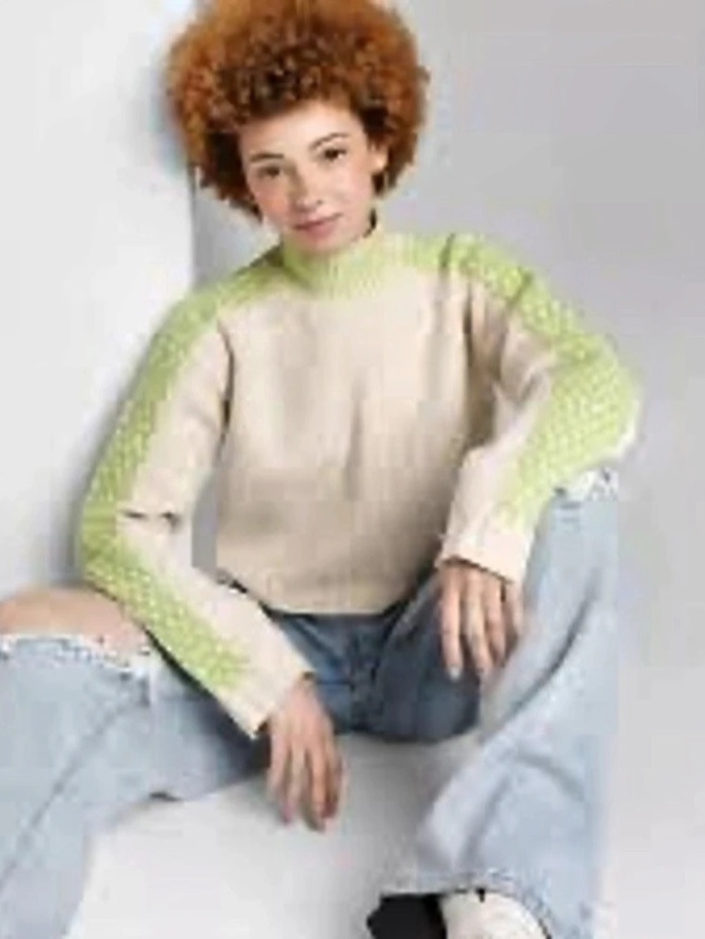 Wild Fable Color Block Turtleneck Crop Sweater in Cream & Lime Green